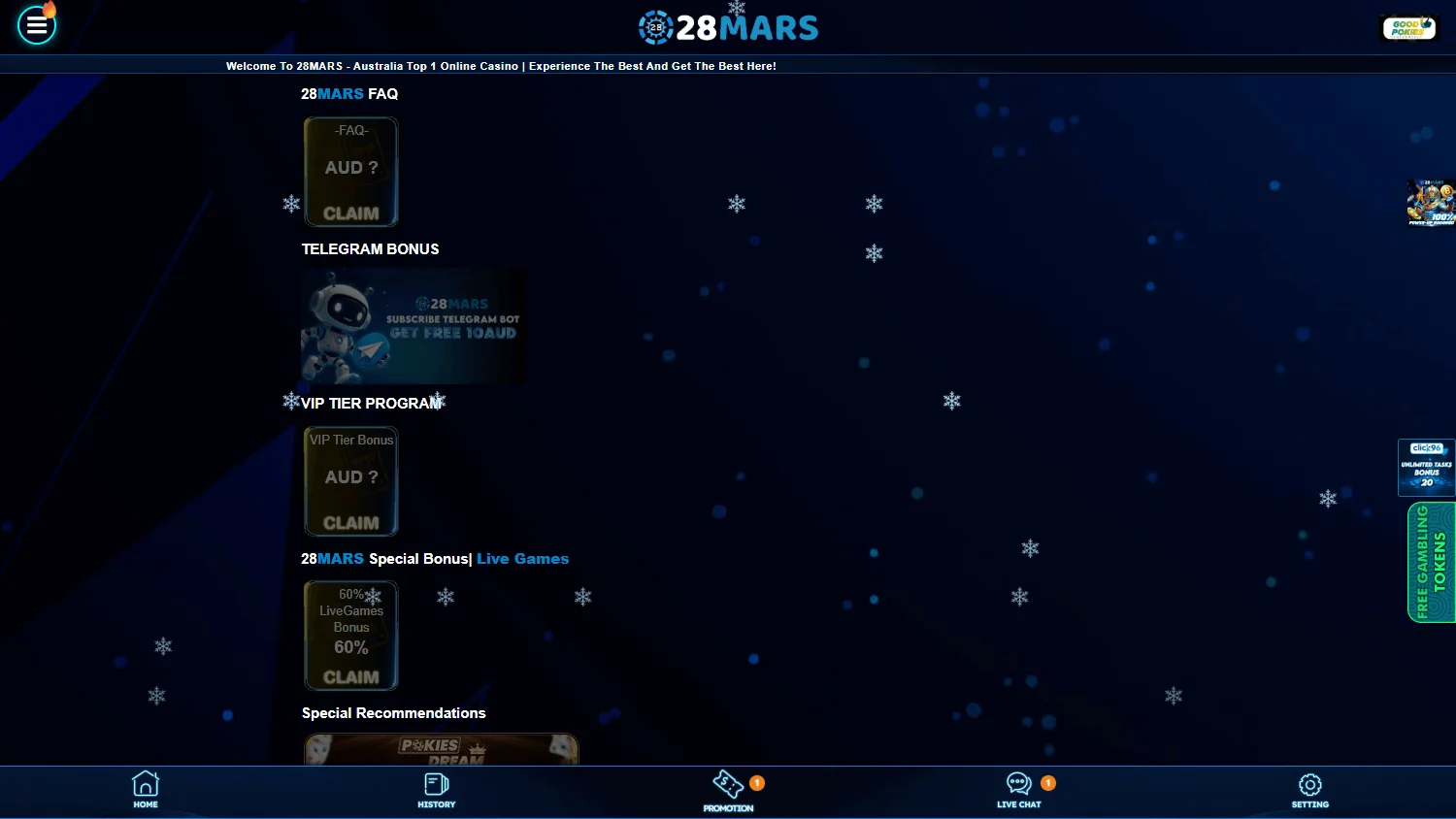 28mars Casino desktop promotions showing bonus, free spins, cashback and reload offers
