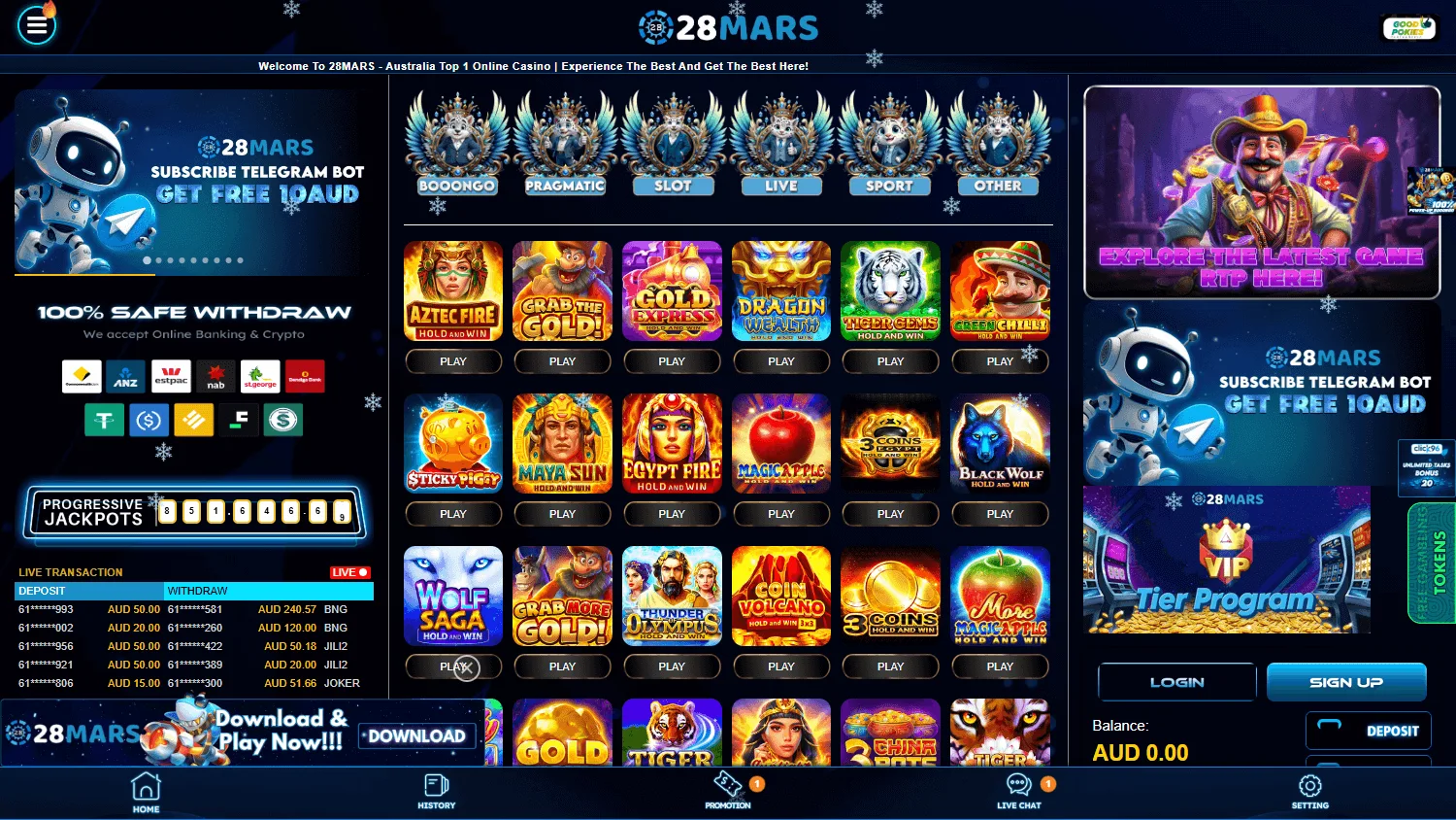 28mars Casino desktop home with casino games, live dealer and betting options